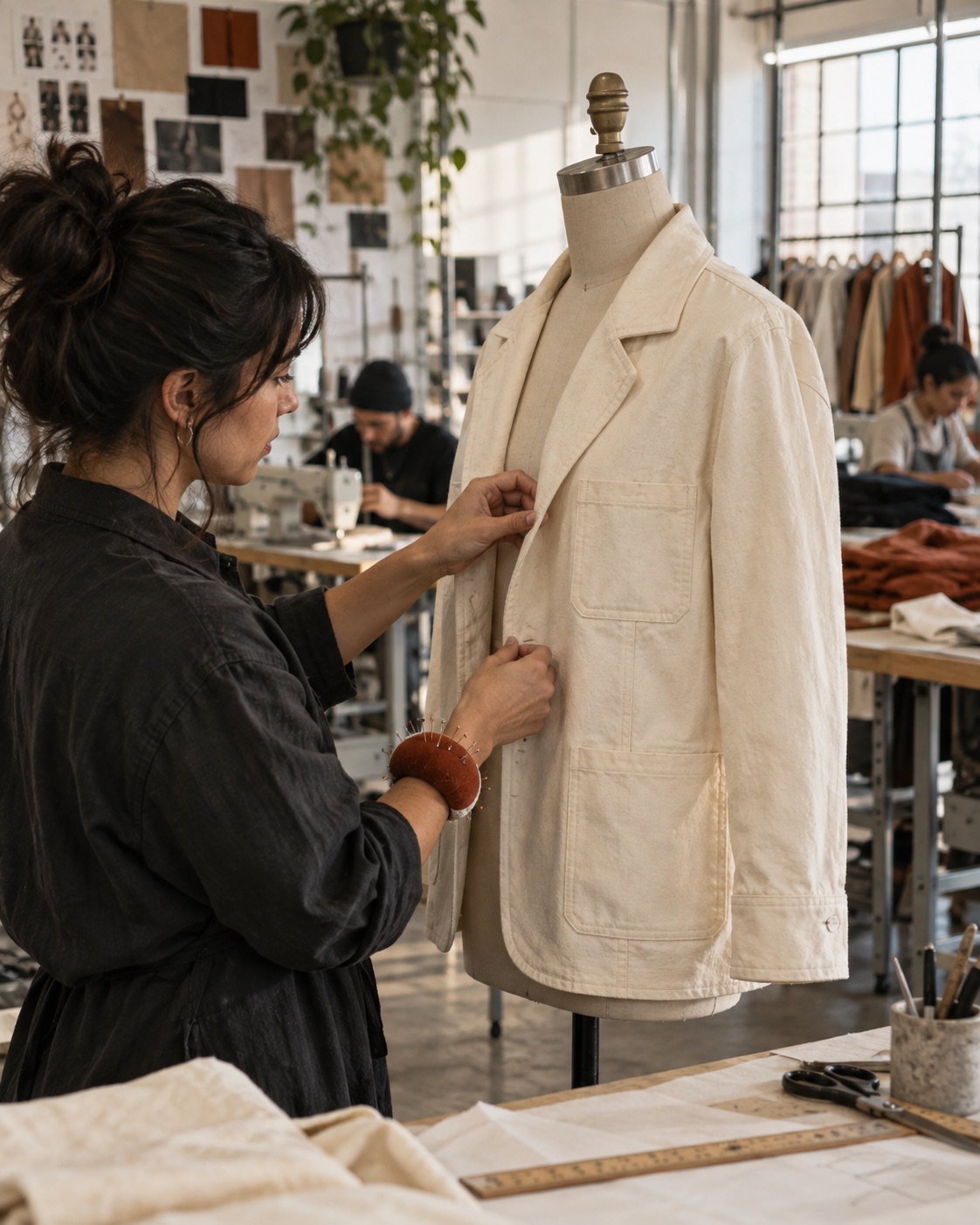 Designer fitting a cotton jacket in the studio