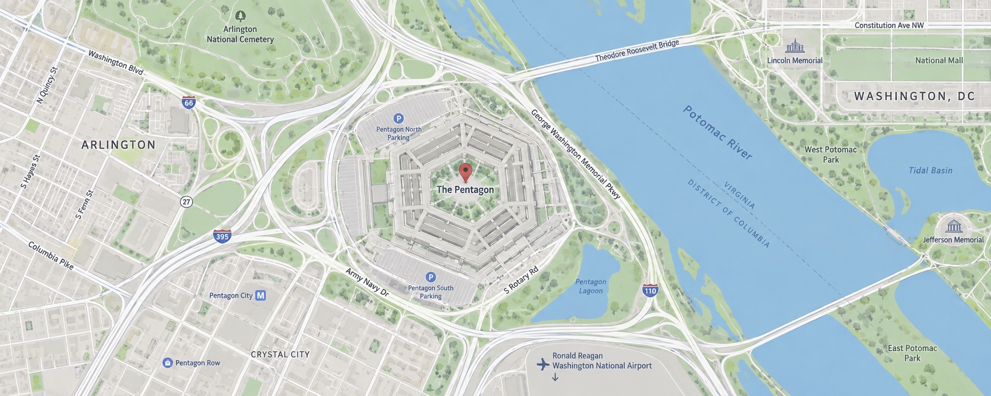 Illustrated map centered on the Pentagon in Arlington, Virginia